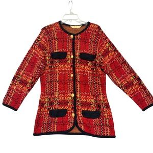 Vintage St Michael Cardigan Sweater Womens Medium Red Plaid Button Pockets 80s